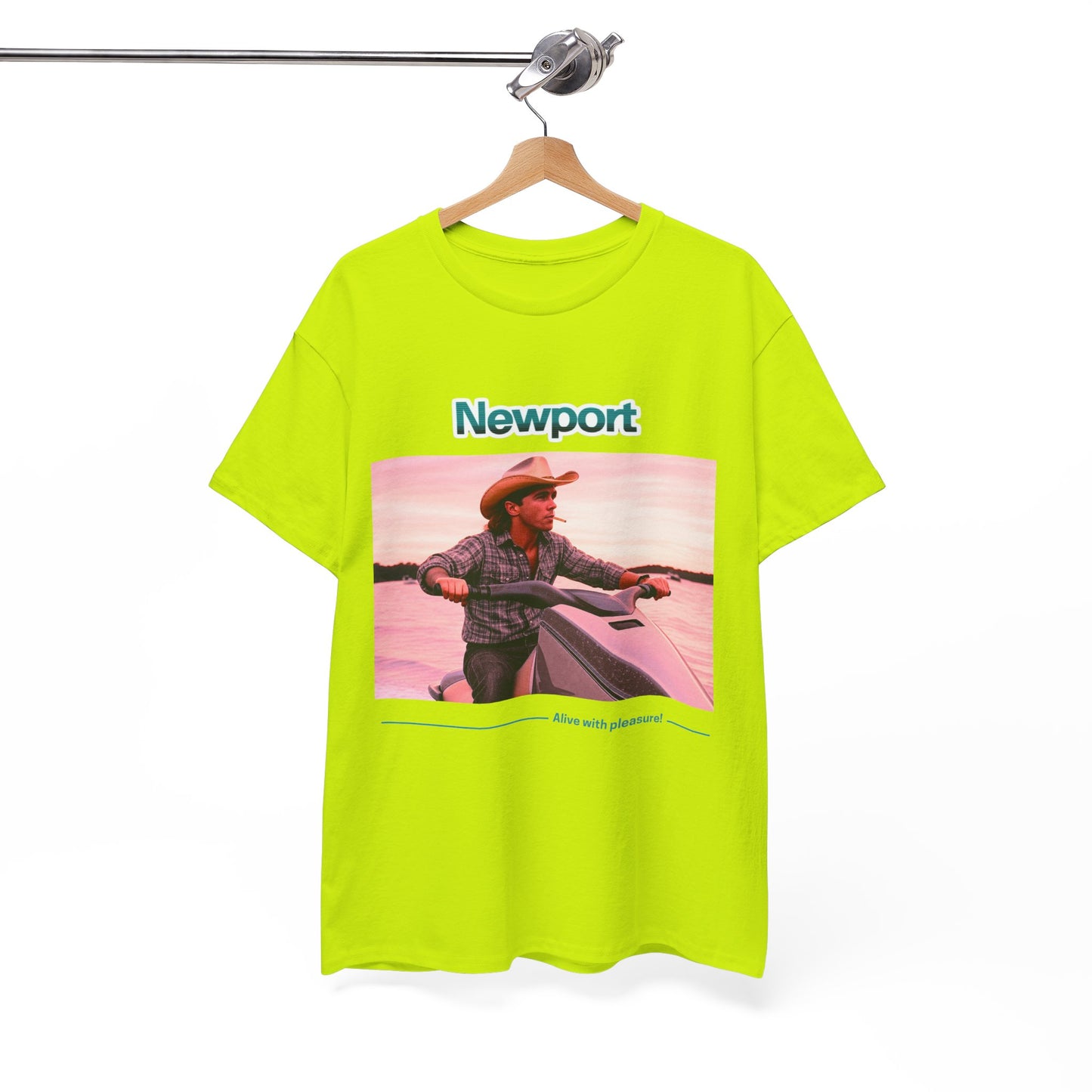 Graphic T-Shirt: 1980s Cowboy Riding Jet Ski with Newport Cigarette Design