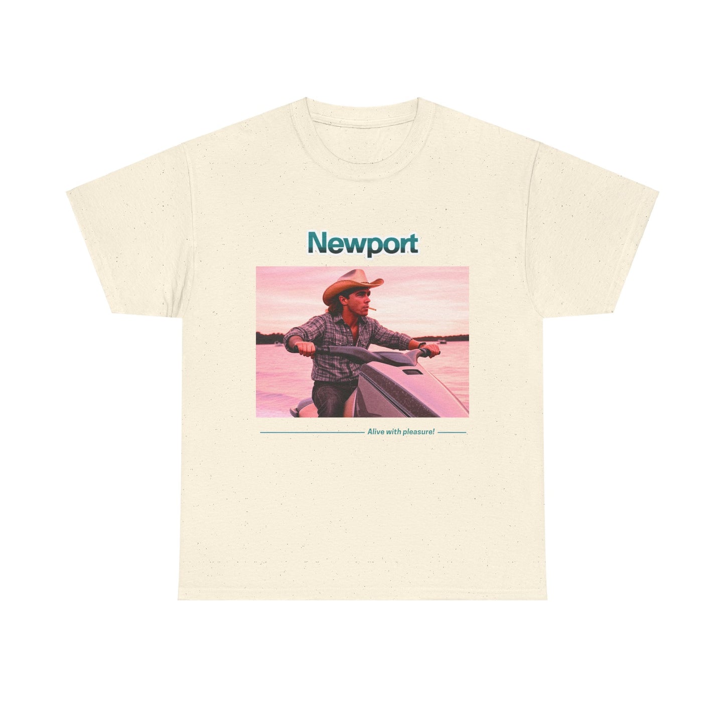 Graphic T-Shirt: 1980s Cowboy Riding Jet Ski with Newport Cigarette Design