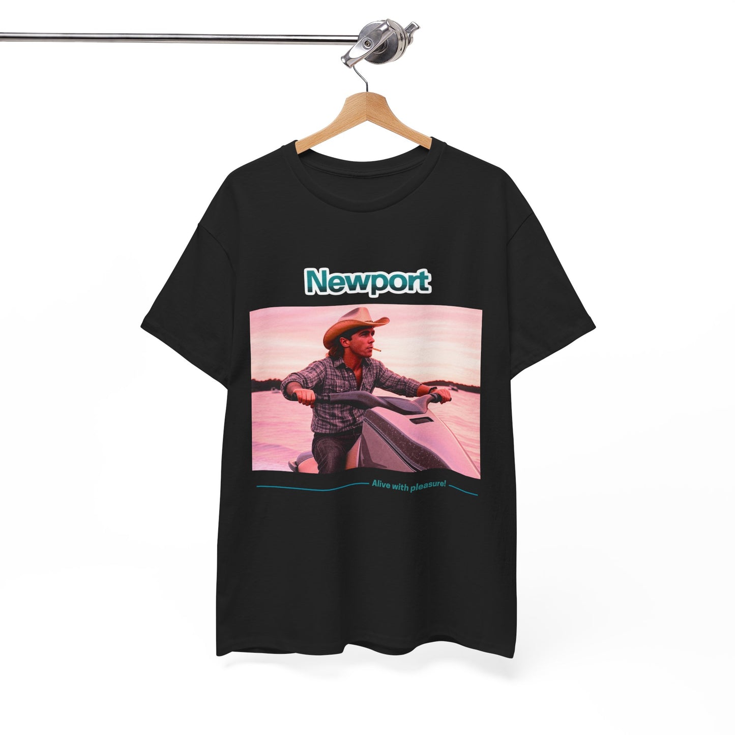 Graphic T-Shirt: 1980s Cowboy Riding Jet Ski with Newport Cigarette Design