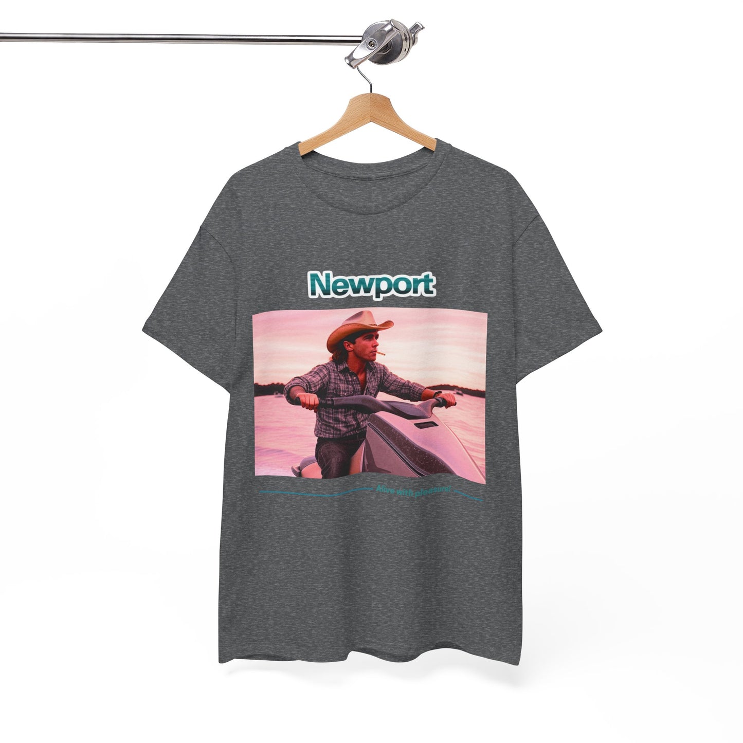 Graphic T-Shirt: 1980s Cowboy Riding Jet Ski with Newport Cigarette Design