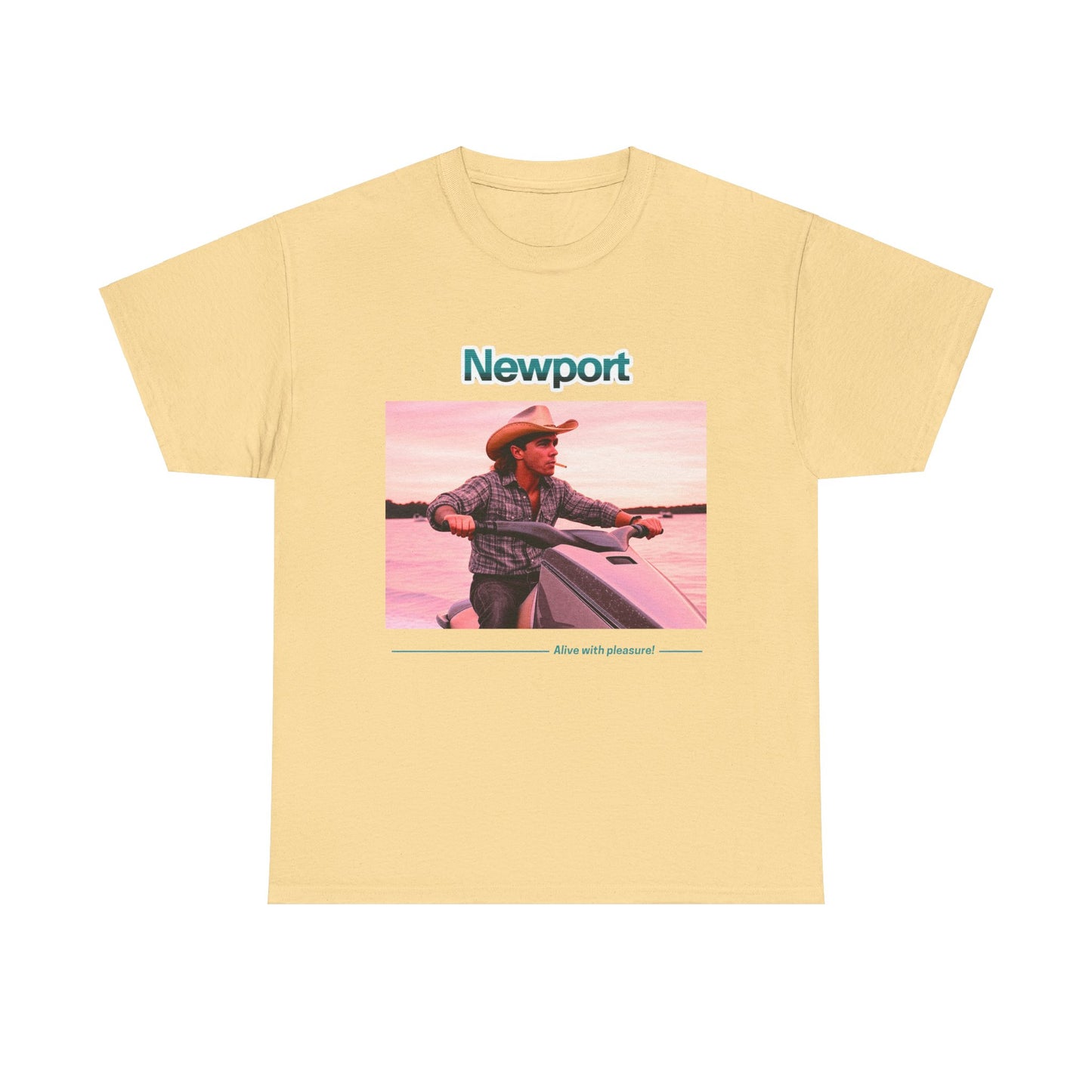 Graphic T-Shirt: 1980s Cowboy Riding Jet Ski with Newport Cigarette Design