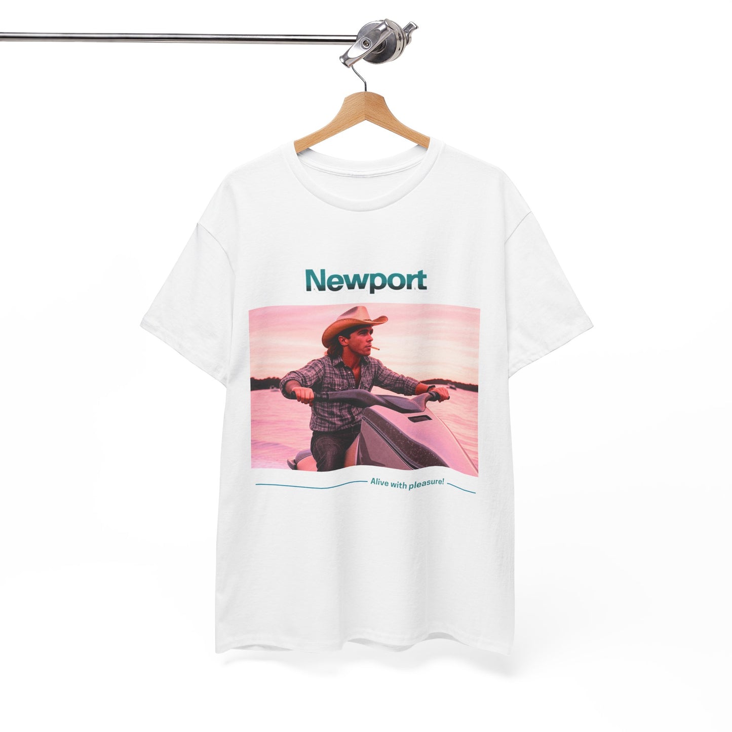 Graphic T-Shirt: 1980s Cowboy Riding Jet Ski with Newport Cigarette Design