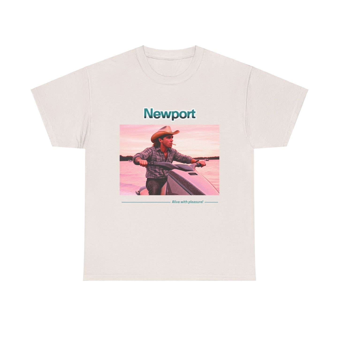 Graphic T-Shirt: 1980s Cowboy Riding Jet Ski with Newport Cigarette Design