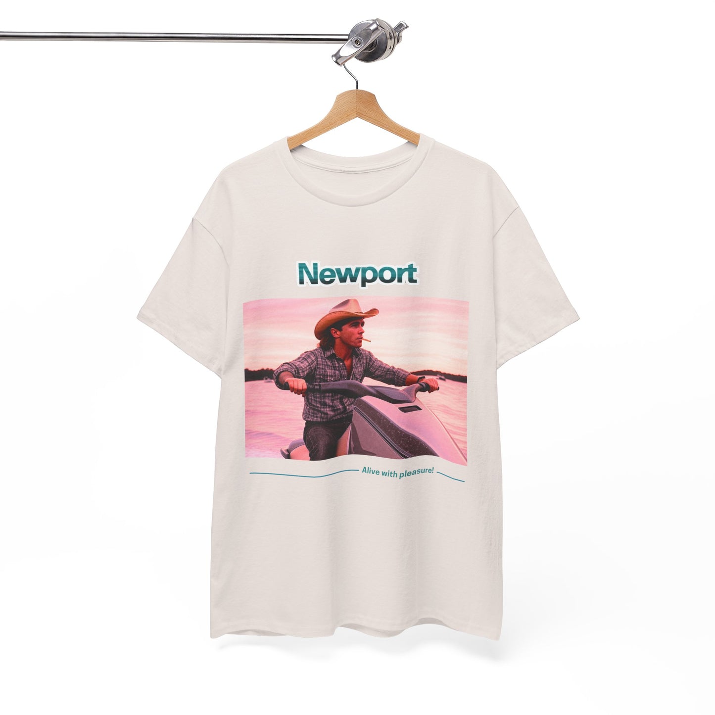 Graphic T-Shirt: 1980s Cowboy Riding Jet Ski with Newport Cigarette Design