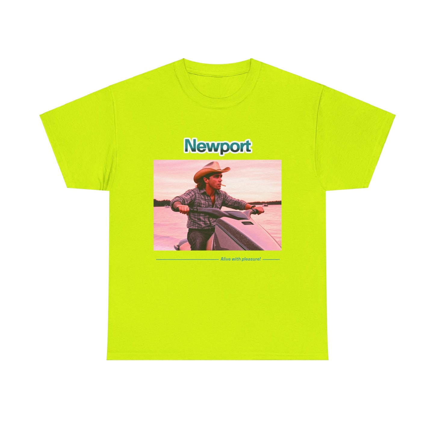 Graphic T-Shirt: 1980s Cowboy Riding Jet Ski with Newport Cigarette Design