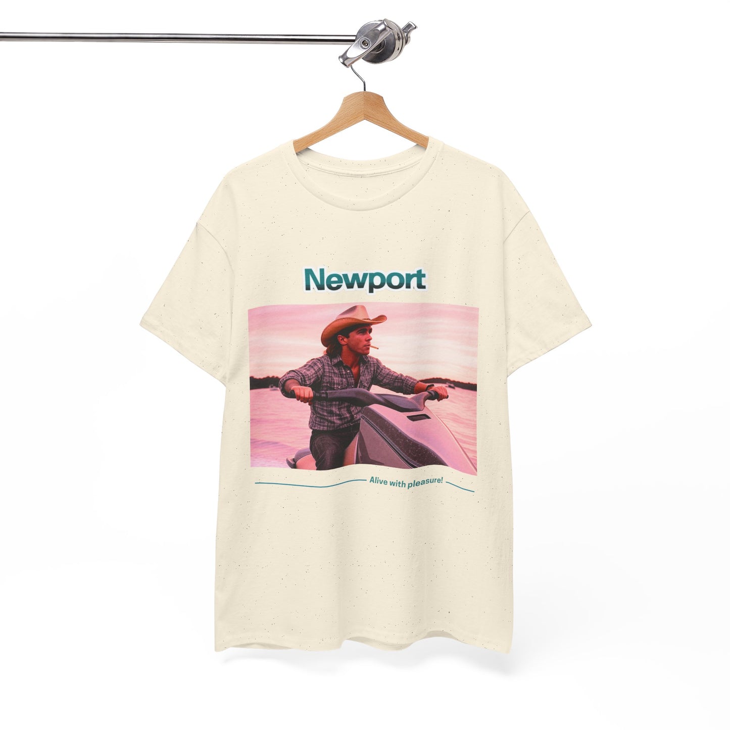 Graphic T-Shirt: 1980s Cowboy Riding Jet Ski with Newport Cigarette Design