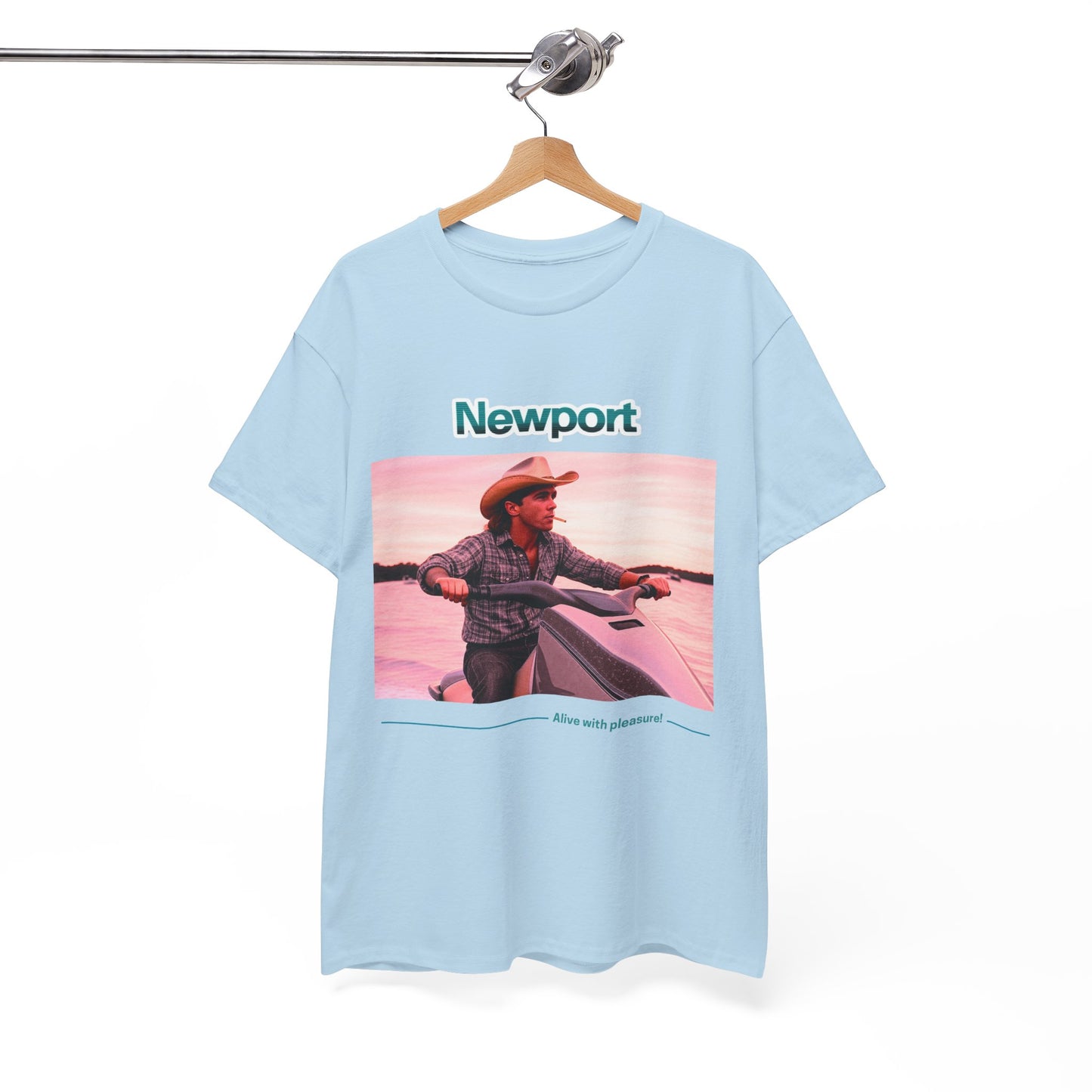 Graphic T-Shirt: 1980s Cowboy Riding Jet Ski with Newport Cigarette Design