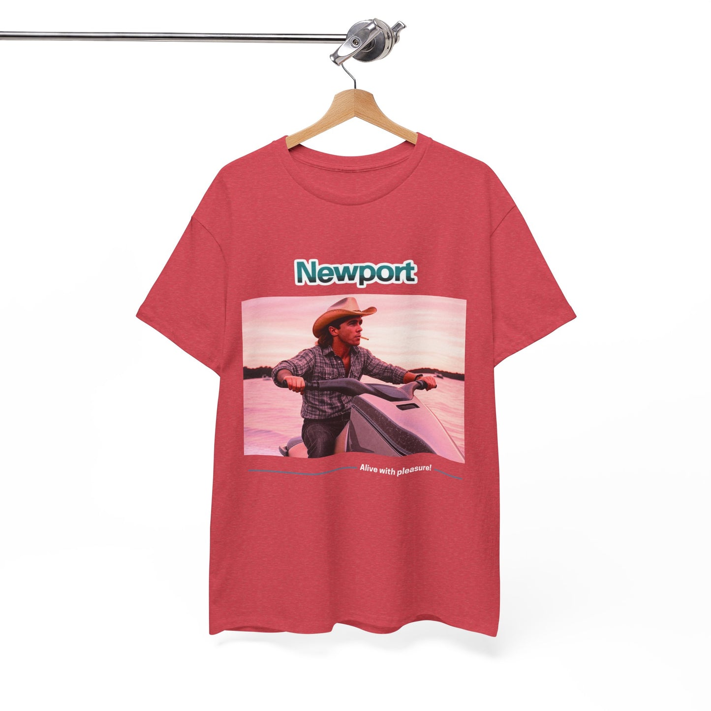 Graphic T-Shirt: 1980s Cowboy Riding Jet Ski with Newport Cigarette Design