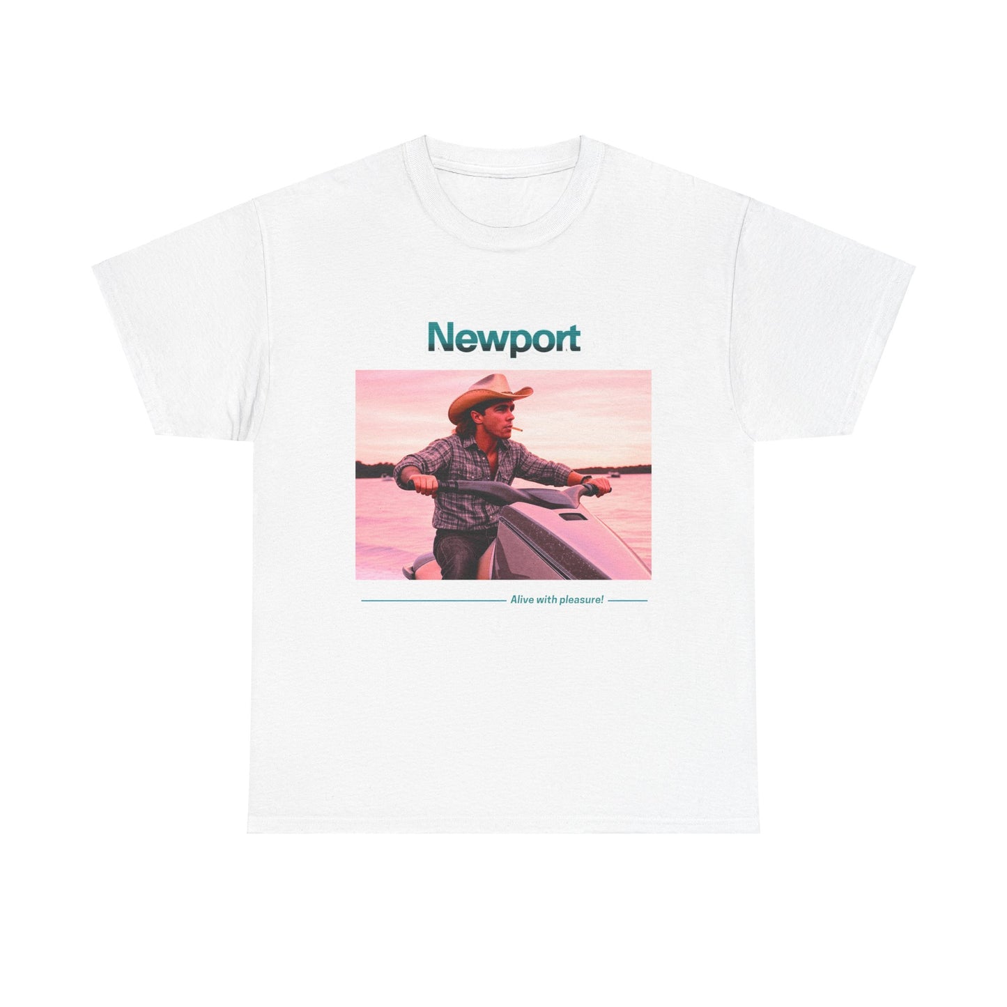 Graphic T-Shirt: 1980s Cowboy Riding Jet Ski with Newport Cigarette Design