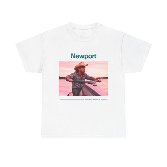 Graphic T-Shirt: 1980s Cowboy Riding Jet Ski with Newport Cigarette Design