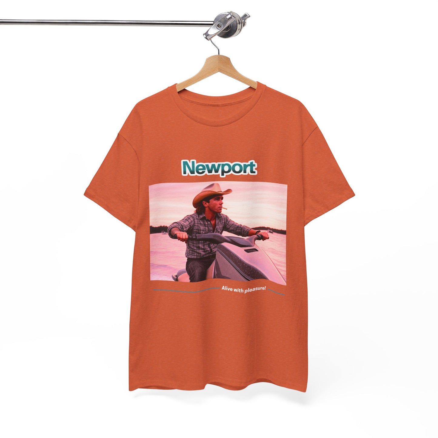 Graphic T-Shirt: 1980s Cowboy Riding Jet Ski with Newport Cigarette Design