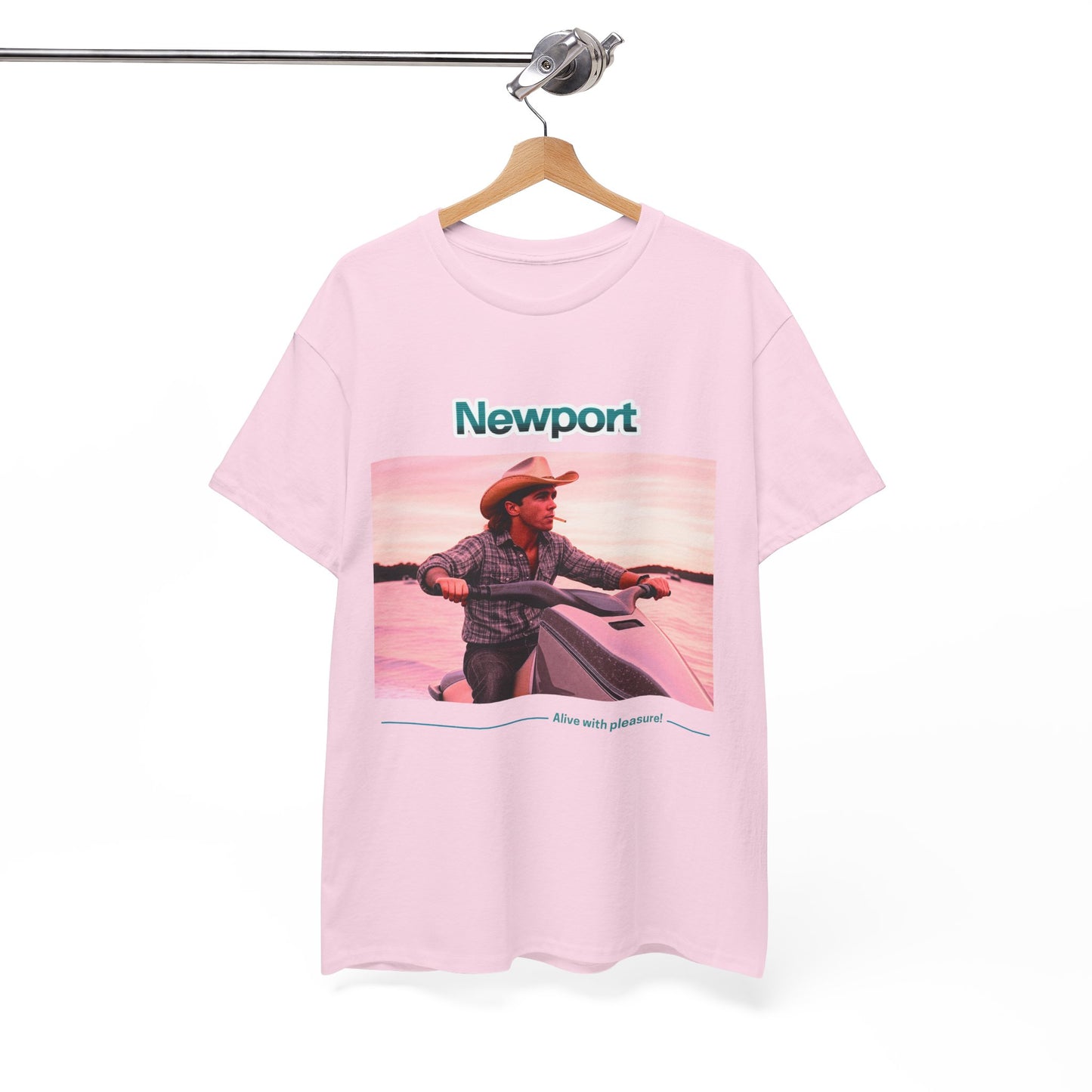 Graphic T-Shirt: 1980s Cowboy Riding Jet Ski with Newport Cigarette Design